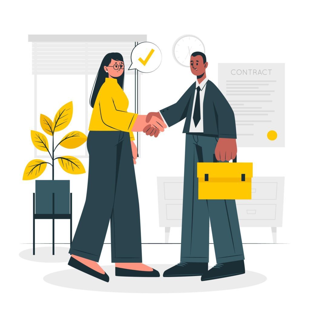 Two figures shaking hands in a business setting.