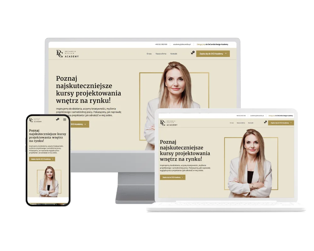 Realizacja strony DeCandia Design Academy - podgląd na trzech urządzeniach.