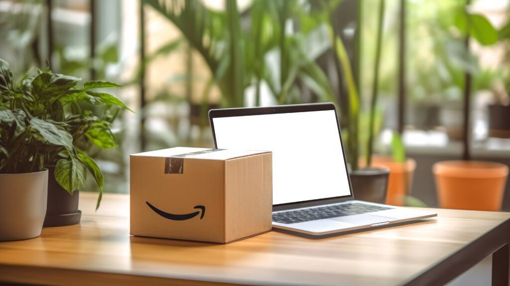 Pudełko z Amazon obok laptopa po zakupie na Amazon.