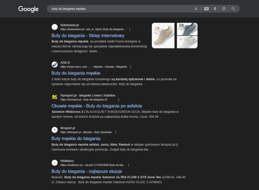 Podgląd wyników wyszukiwania Google (SERP) z widocznymi treściami meta poszczególnych stron.