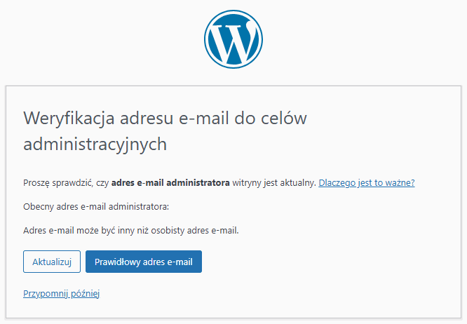 Preview of the administrator email verification notice in WordPress.