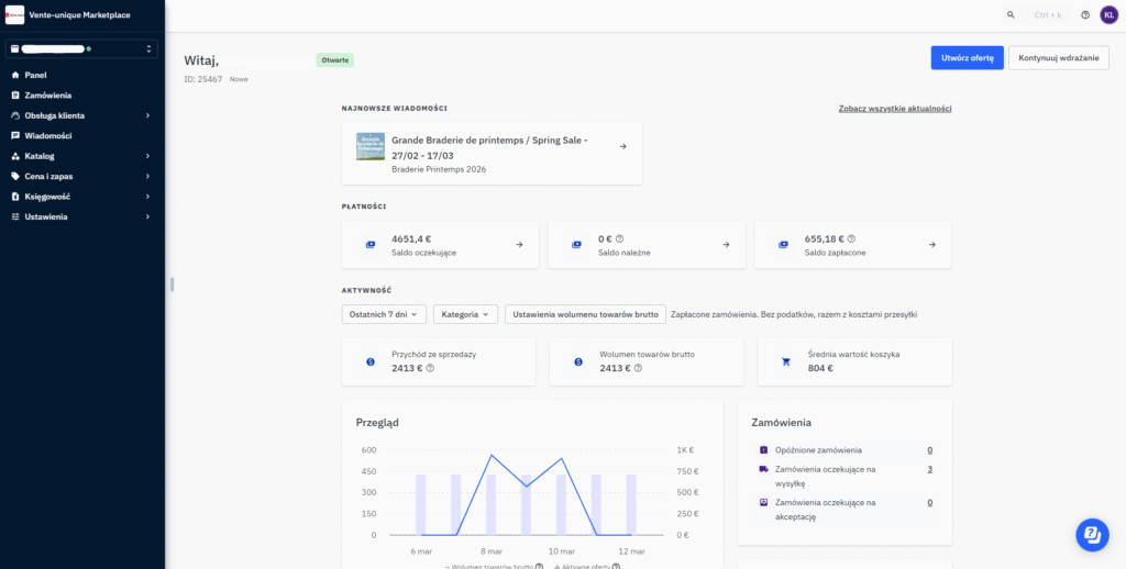 Main dashboard of the Mirakl platform implemented on the Vente-unique marketplace.