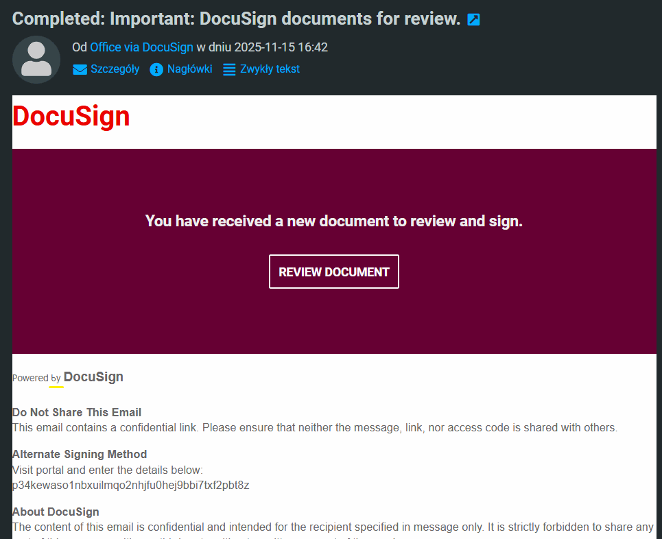 Example of phishing - a fake email asking the recipient to review a DocuSign document.