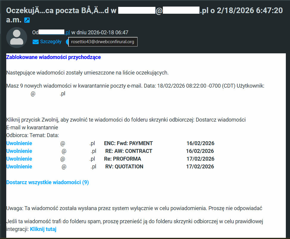 Example of phishing - notification about important emails in inbox quarantine