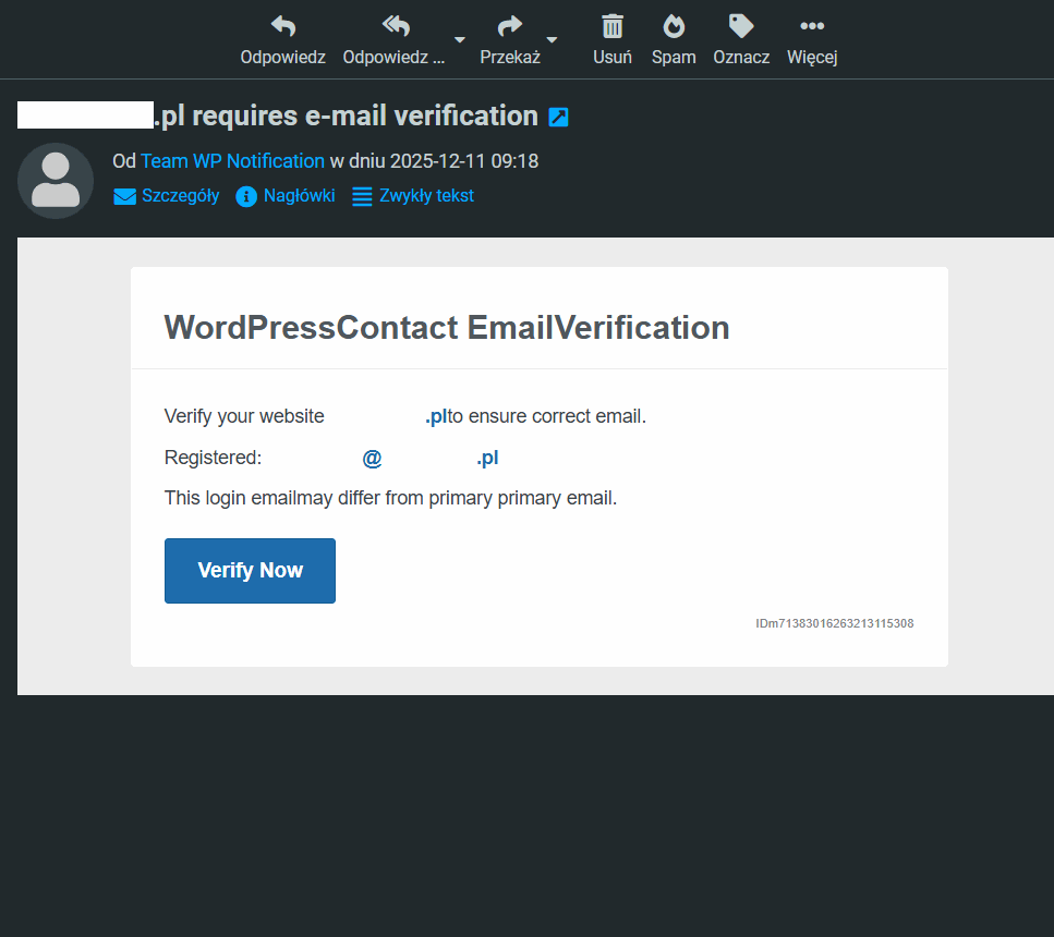Example of phishing - a request to verify the email address linked to a WordPress site