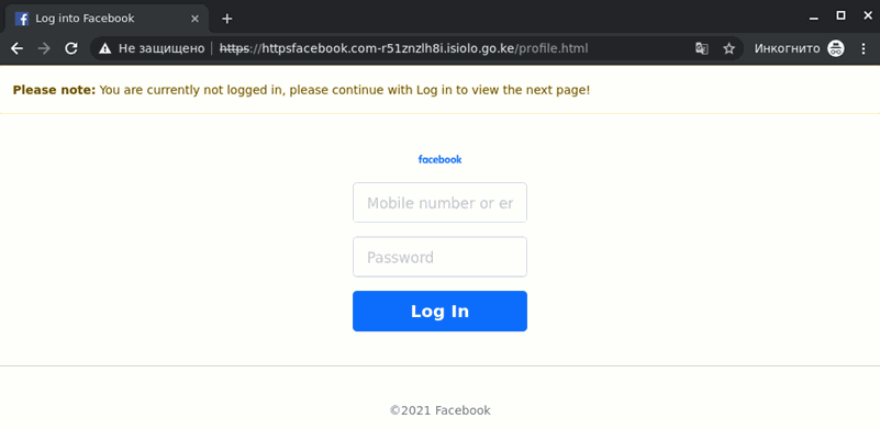 Fałszywy panel logowania Facebook.