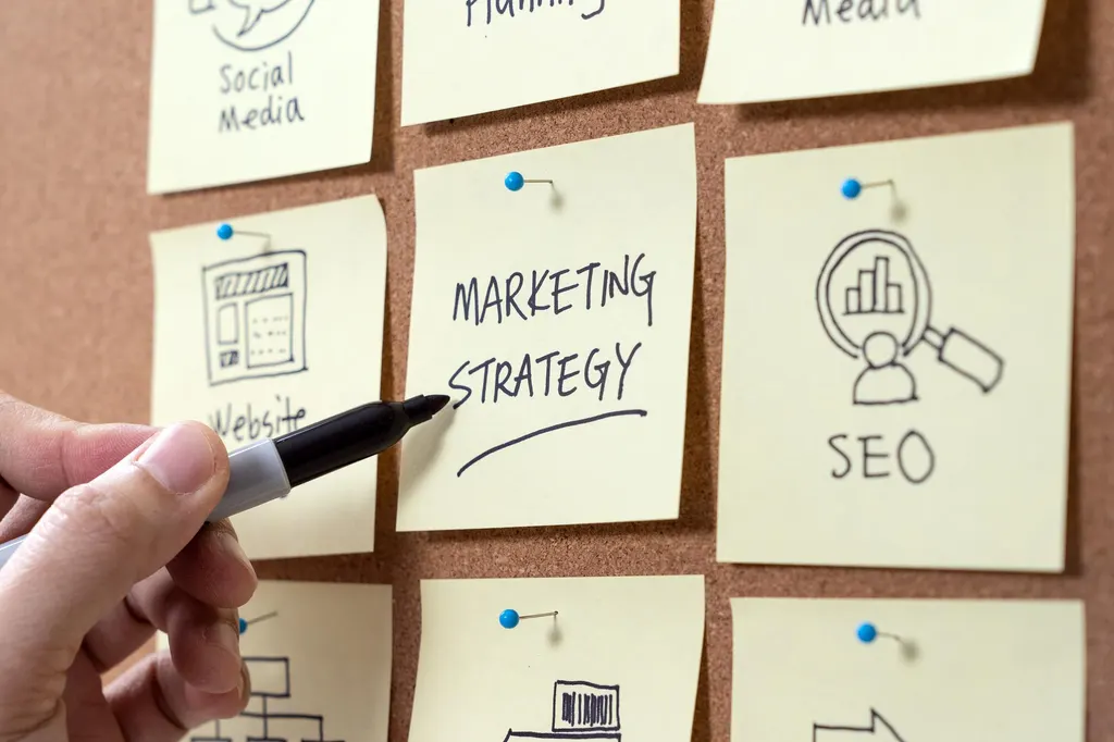 Tablica korkowa z karteczkami: strategia marketingowa, SEO, strona internetowa, social media