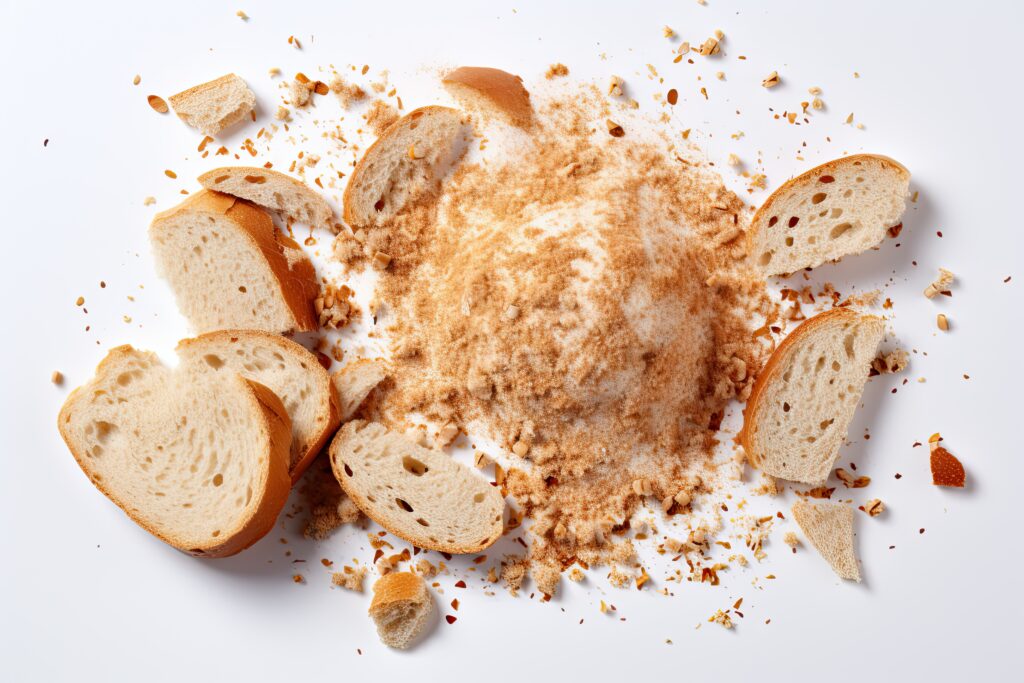 Okruchy chleba (breadcrumbs) na białym tle.