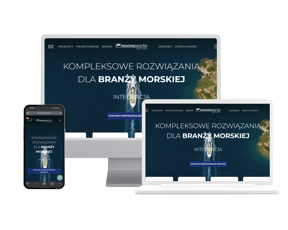 Realizacja strony Marineworks - podgląd na trzech urządzeniach.