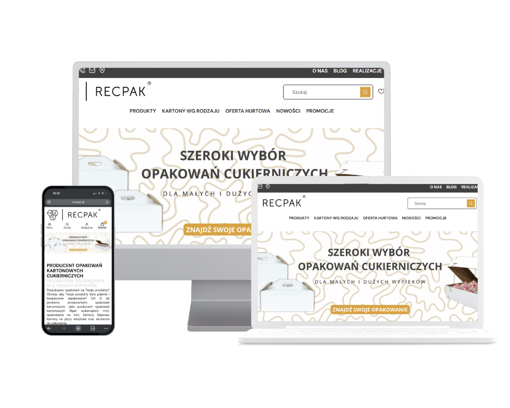 Realizacja strony Recpak - podgląd na trzech urządzeniach.